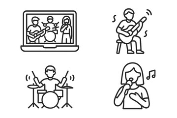 Outline icons of musicians performing virtually, playing guitar, drums, and singing