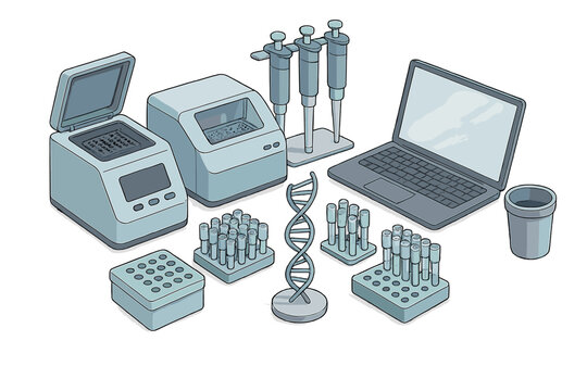 Molecular biology laboratory setup with thermal cyclers, pipettes, and DNA structure model