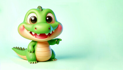 Fototapeta premium Small crocodile smiling and pointing to the side, pastel green background, friendly style.