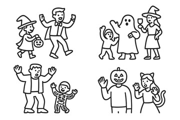 People celebrating Halloween in costumes: witch, ghost, skeleton, pumpkin head