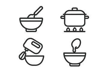 Essential cooking and food preparation processes represented by simple black and white graphics