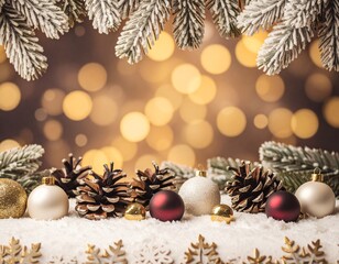 Elegant winter holiday background (AI-generated). Frosted pinecones and gold ornaments on snow create a festive border. Warm bokeh contrast and clean copy space for greetings and banners.