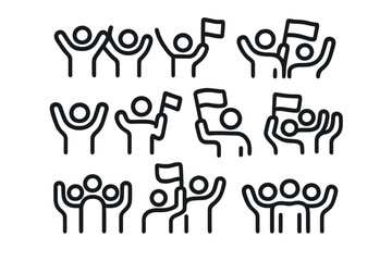 Cheering crowd raising hands and holding flags in celebration or protest