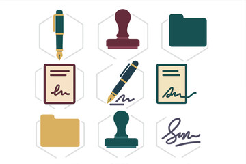 Set of icons representing legal contracts, document signing, and official authorization