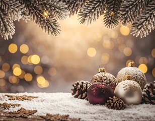 Elegant winter holiday background (AI-generated). Frosted pinecones and gold ornaments on snow create a festive border. Warm bokeh contrast and clean copy space for greetings and banners.
