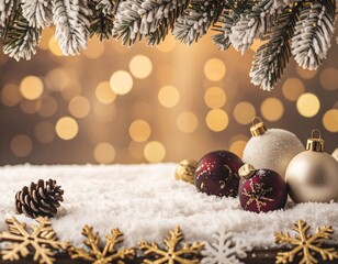 Elegant winter holiday background (AI-generated). Frosted pinecones and gold ornaments on snow create a festive border. Warm bokeh contrast and clean copy space for greetings and banners.