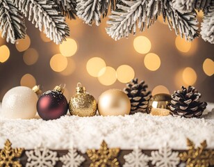 Elegant winter holiday background (AI-generated). Frosted pinecones and gold ornaments on snow create a festive border. Warm bokeh contrast and clean copy space for greetings and banners.