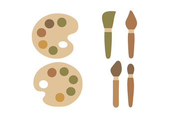 Collection of artist palettes and various paint brushes used for creative painting and artistic projects