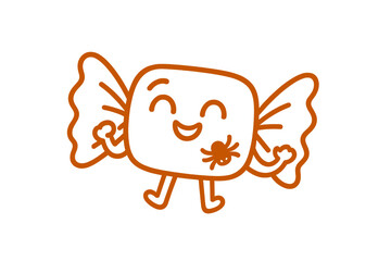 Smiling wrapped candy character holding a small spider, cute Halloween theme
