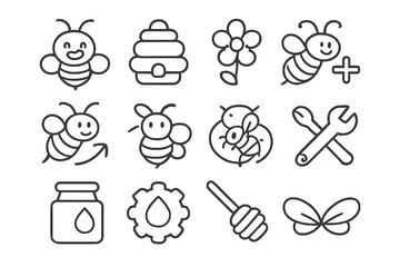 Cute outline icons set featuring bees, honey, beehive, flower, and tools for apiculture or nature concepts
