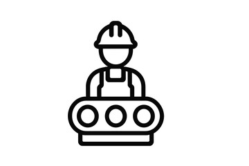 Industrial factory worker icon standing behind a production line conveyor belt