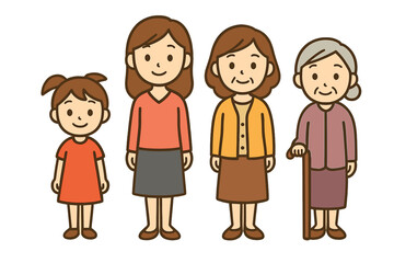 Four generations of women standing together representing different stages of life and aging process