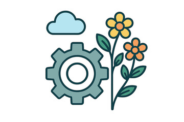 Mechanical cogwheel, blooming flowers, and cloud symbol for sustainable development