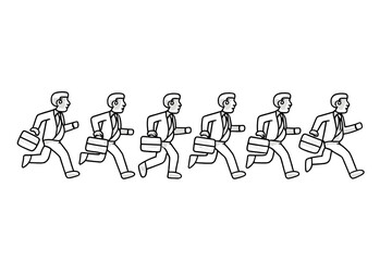 Identical businessmen in suits running in a line carrying briefcases on a white background