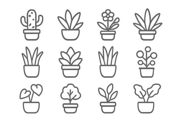 Minimalist outline icons of potted indoor plants and decorative greenery collection