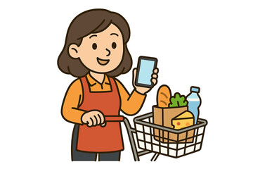 Cheerful woman wearing an apron checking her smartphone next to a shopping cart with groceries