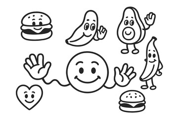 Happy cartoon food characters and smiling emoji face in black and white doodle style stickers