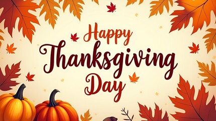 Vector ‘Happy Thanksgiving Day’ lettering in handcrafted calligraphy style with vibrant fall foliage scattered around