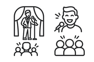 Set of line icons representing public speaking, stage performance, and audience members