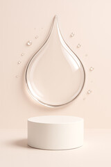 Glass water drop over white podium - concept of hydration skincare promotion