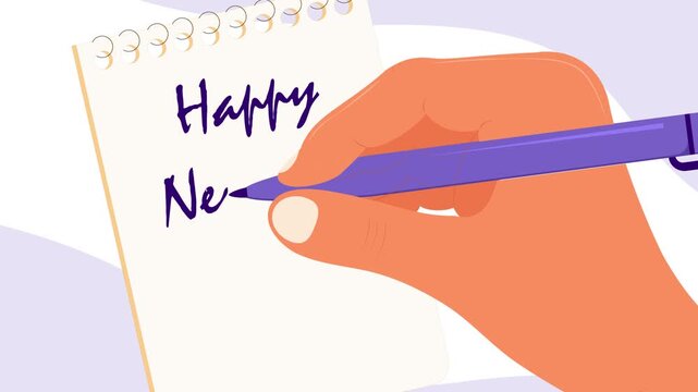 A hand with a pen writes Happy New Year in a notebook. Flat 2D animation in vector art style