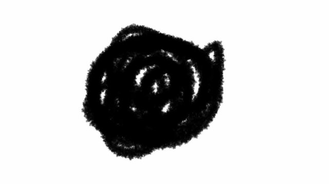 An abstract animated loop of white scribbled brushstrokes forming a messy circle or ball on a pure black background. The scene represents creative energy, motion graphics, and chaotic art.