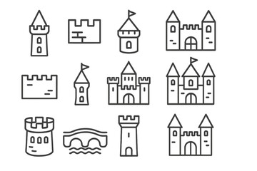 Medieval castle and fortress elements including towers, walls, and ancient bridge structures