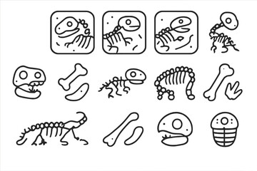 Set of minimalist outline icons featuring dinosaur skeletons and fossil bones