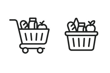 Black and white line icons of shopping cart and basket full of groceries and food items
