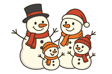 Adorable snowmen family group portrait wearing festive winter hats and scarves for holiday celebration