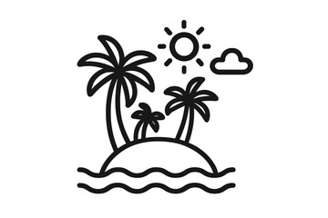 Outline drawing of a tropical island featuring palm trees, bright sun, and ocean waves