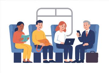 Diverse group of commuters sitting on public transport seats reading working and using mobile phones