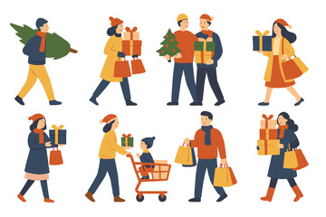 Collection of diverse people walking and carrying Christmas gifts and trees after holiday shopping