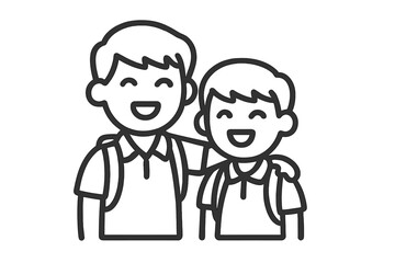 Two cheerful elementary school boys wearing polo shirts and backpacks standing close together