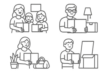 People packing belongings and carrying moving boxes for relocation