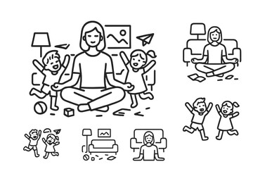 Mother meditating in a chaotic living room surrounded by energetic playing children