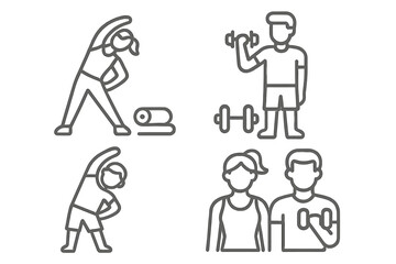 Outline icons set depicting gym activities, stretching, weightlifting, and fitness training