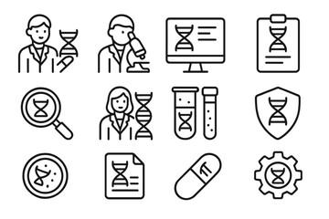 Line icons for genetic engineering, scientific research, DNA analysis, and medical technology