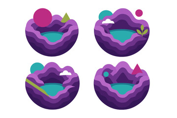 Collection of four abstract layered landscapes featuring purple mountains and teal water