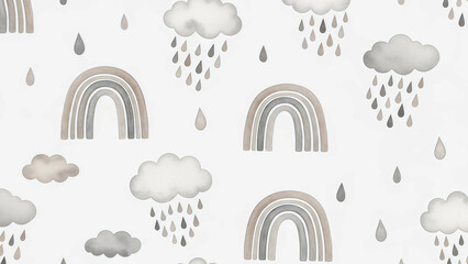 Charming neutral rainbow and cloud pattern for nursery decor and baby shower invitations, whimsical and sweet design for childrens products