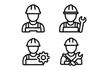 Industrial workers wearing safety helmets and holding tools outline set