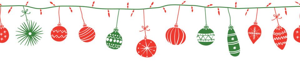 Header seamless pattern for Christmas and New Year festival with cute doodle string lights and ornaments in silhouette red and green color tones on a transparent background.