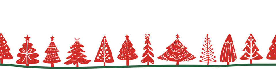 Footer seamless pattern for Christmas and New Year festival with cute doodle Christmas trees in silhouette red and green color tones on a transparent background.