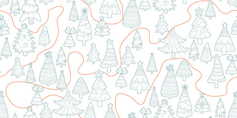 Seamless pattern for Christmas and New Year festival with cute Christmas tree forest and red paths in pastel color tones on a transparent background.