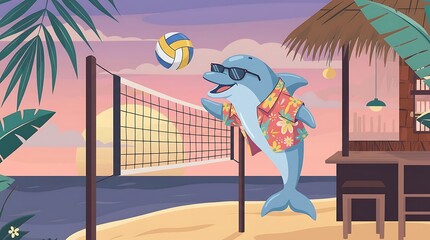 A cool cartoon dolphin in a Hawaiian shirt and sunglasses playing beach volleyball during a beautiful tropical sunset vacation