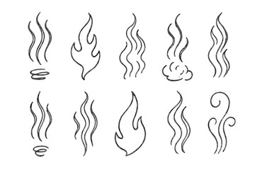 Hand drawn doodle icons depicting steam, smoke, hot vapor, and fire flames