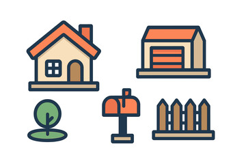 Residential property elements including house, garage, mailbox, fence, and tree
