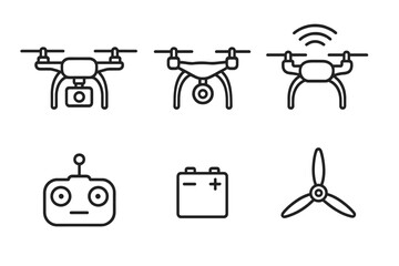 Essential drone technology symbols: quadcopter, remote control, battery, and propeller