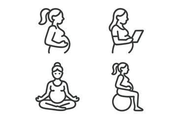 Pregnant women doing various activities like standing, reading, yoga, and sitting on an exercise ball