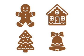 Traditional Christmas gingerbread cookies set featuring a man, house, tree, and festive bell